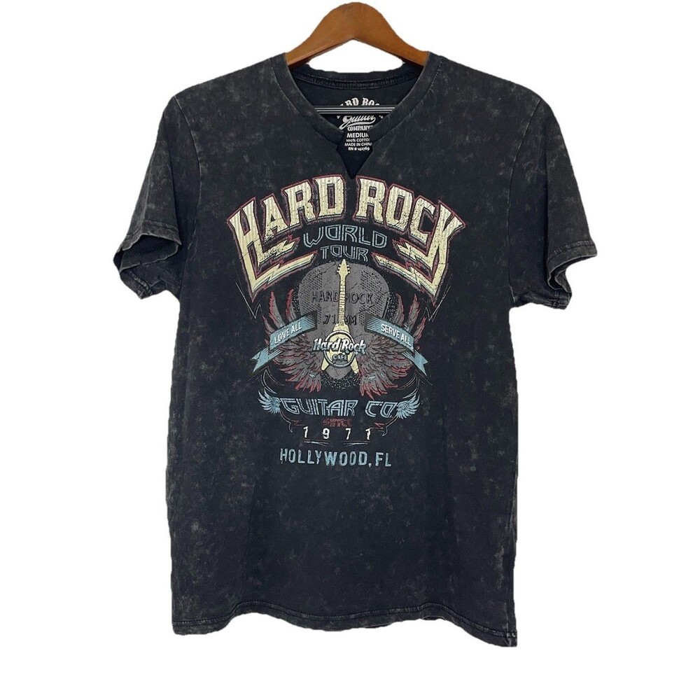 Hard Rock Guitar Co Black Acid Wash Graphic Tshirt Tee Hollywood Womens Medium